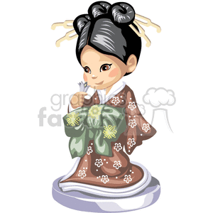 An asian girl in a brown flowered kimono smelling a flower
