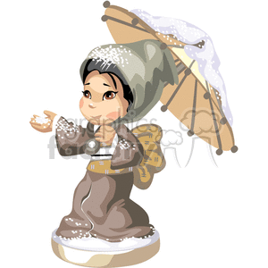Little Asian girl in a brown kimono holding an umbrella clipart.