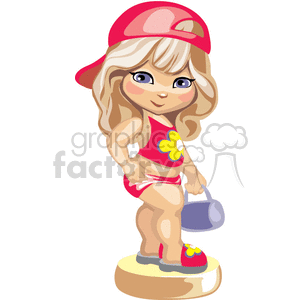 Little girl in a red swimsuit holding a blue purse clipart.