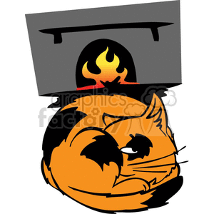 Orange cat with black spots curled up by fireplace clipart. Commercial use image # 377106