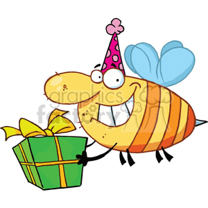Bee Carrying a Green Birthday Gift wearing a Party Hat clipart. Commercial use image # 377181