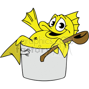 Yellow fish in a pot holding a wooden spoon clipart.