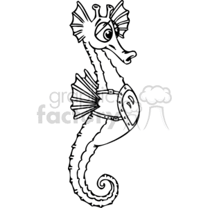 Black and white Seahorse wearing a chest plate clipart.