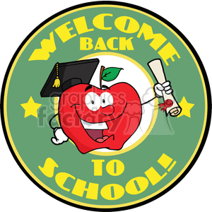 4286-Happy-Apple-Character-Graduate-Holding-A-Diploma-With-Text-Back-to-School-Banner clipart. Royalty-free image # 382287