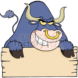 clipart - an angry blue bull looking over a plank of wood.