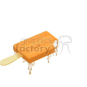 The clipart image shows a cartoon-style orange popsicle or ice cream bar with bite marks on it, melting from the bottom in the heat. It is a snack or dessert item that is in the process of melting due to warm temperatures.
