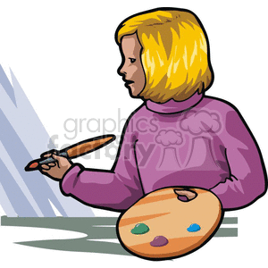 clipart - Cartoon student painting with a palette and paintbrush .