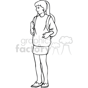 clipart - Black and white outline of a student holding a backpack.