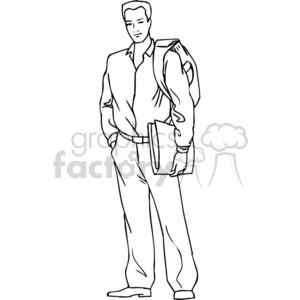 clipart - Black and white outline of a student with a binder and backpack.
