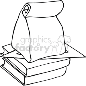 clipart - Black and white outline of textbooks and lunch bag.