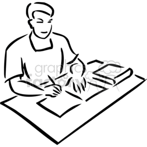 Black and white student studying with notes and a textbook  clipart.