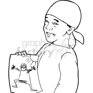 clipart - Black and white outline of boy showing his drawing .