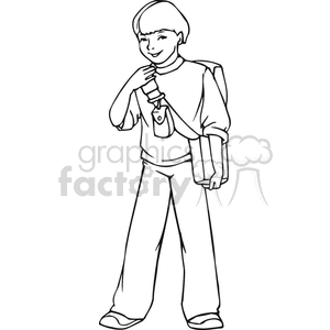 Black and white outline of a boy with his backpack