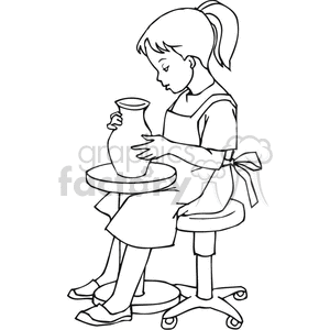education cartoon black white outline vinyl-ready back to school clay pottery class art stool spinning wheel vase girl student learning teaching showing making apron determined 