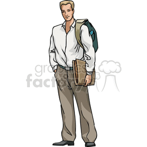 clipart - Cartoon student holding a backpack and binder .