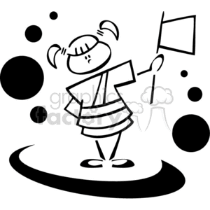 Black and white outline of a girl scout with a flag clipart.