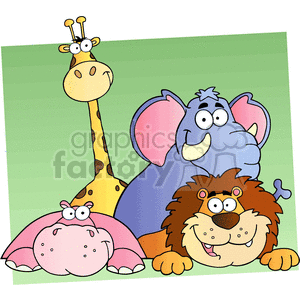 The clipart image depicts four cartoon jungle animals, an elephant, a hippopotamus, a lion, and a giraffe standing together in a comical pose. The animals are shown with exaggerated features and expressions that make them appear funny. The image is created using vector graphics, which means it can be resized without losing quality.