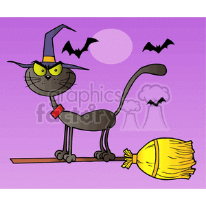 cartoon cat flying a with broom clipart.