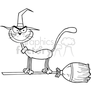 black and white cat riding on a broom clipart.