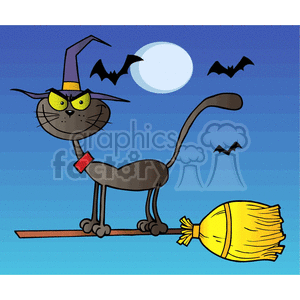 clipart - black cat on a witch broom.