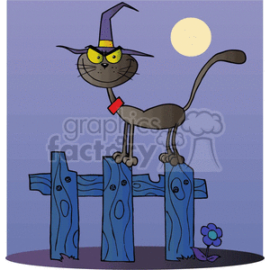 cartoon black cat on a fence at night clipart.