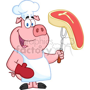 Happy-Pig-Chef-Holding-A-Fork-With-Raw-Steak clipart. Royalty-free image # 386577