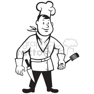 black and white chef standing front spatula 001 clipart.