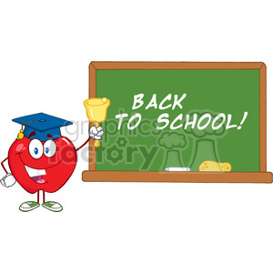 clipart - 5792 Royalty Free Clip Art Smiling Apple Character Ringing A Bell For Back To School In Front Of Chalkboard With Text.