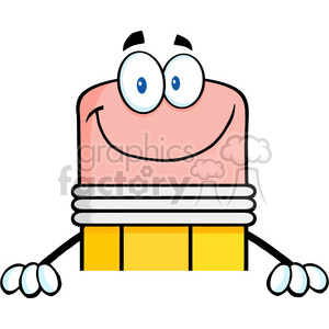 5878 Royalty Free Clip Art Smiling Pencil Cartoon Character Over Blank Sign clipart. Commercial use image # 389050