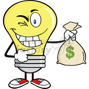 6013 Royalty Free Clip Art Light Bulb Cartoon Mascot Character Holding A Bag Of Money clipart. Commercial use image # 389240