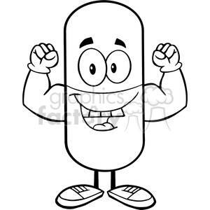 6301 Royalty Free Clip Art Black and White Pill Capsule Cartoon Mascot Character Showing Muscle Arms clipart. Commercial use image # 389350