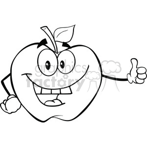 6513 Royalty Free Clip Art Black and White Apple Cartoon Mascot Character Holding A Thumb Up clipart. Commercial use image # 389440