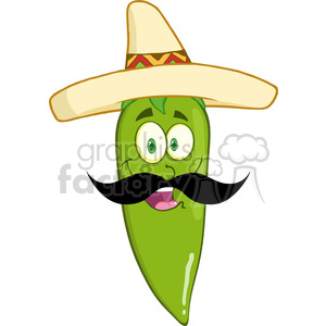 clipart - 6796 Royalty Free Clip Art Smiling Green Chili Pepper Cartoon Mascot Character With Mexican Hat And Mustache.