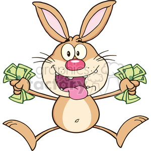 Royalty Free RF Clipart Illustration Rich Brown Rabbit Cartoon Character Jumping With Cash clipart.