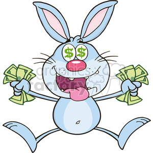 Royalty Free RF Clipart Illustration Rich Blue Rabbit Cartoon Character Jumping With Cash clipart.
