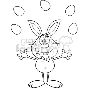 Royalty Free RF Clipart Illustration Black And White Cute Rabbit Cartoon Character Juggling With Easter Eggs clipart. Royalty-free image # 390246