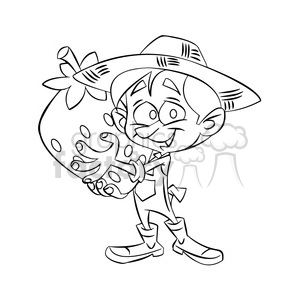 vector black and white cartoon farmer holding a huge strawberry clipart.