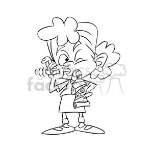 clipart - vector black and white child brushing her teeth cartoon.