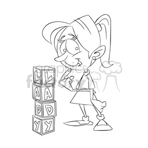 girl playing with blocks in black and white clipart. Royalty-free image # 394232