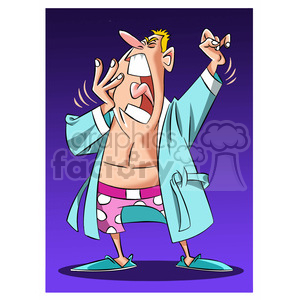 clipart - man in a robe yawning after getting up.