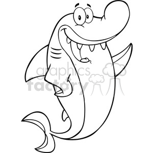 Royalty Free RF Clipart Illustration Black And White Happy Shark Cartoon Character Waving clipart. Commercial use image # 395360