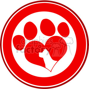 Royalty Free RF Clipart Illustration Love Paw Print Red Circle Banner Design With Dog Head Silhouette clipart.