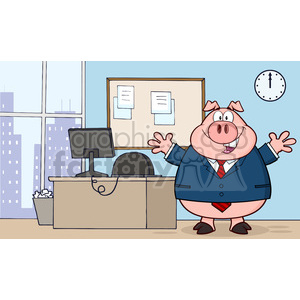 Royalty Free RF Clipart Illustration Businessman Pig Cartoon Mascot Character In Office clipart.