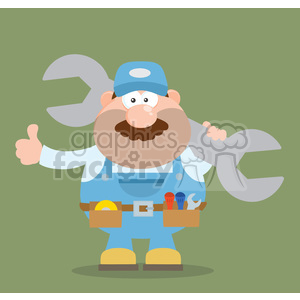 8549 Royalty Free RF Clipart Illustration Mechanic Cartoon Character Holding Huge Wrench And Giving A Thumb Up Flat Syle Vector Illustration clipart.