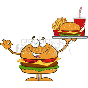 8564 Royalty Free RF Clipart Illustration Hamburger Cartoon Character Holding A Platter With Burger, French Fries And A Soda Vector Illustration Isolated On White clipart.