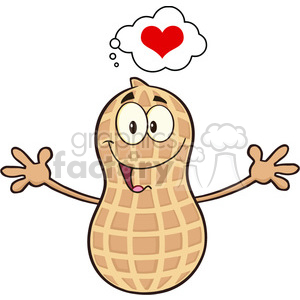 8739 Royalty Free RF Clipart Illustration Funny Peanut Cartoon Mascot Character Thinking Of Love And Wanting A Hug Vector Illustration Isolated On White clipart.