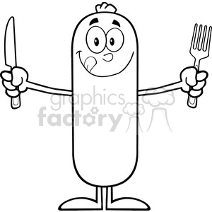clipart - 8435 Royalty Free RF Clipart Illustration Black And White Hungry Sausage Cartoon Character With Knife And Fork Vector Illustration Isolated On White.