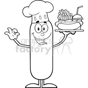 8433 Royalty Free RF Clipart Illustration Black And White Happy Chef Sausage Cartoon Character Carrying A Hot Dog, French Fries And Cola Vector Illustration Isolated On White