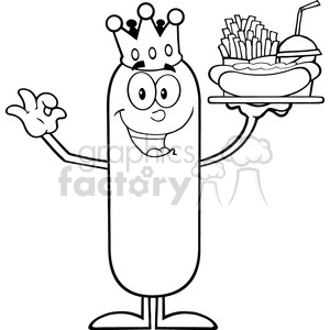 clipart - 8491 Royalty Free RF Clipart Illustration Black And White King Sausage Cartoon Character Carrying A Hot Dog, French Fries And Cola Vector Illustration Isolated On White.