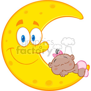 Royalty Free RF Clipart Illustration Cute African American Baby Girl Sleeps On The Smiling Moon Cartoon Characters clipart.